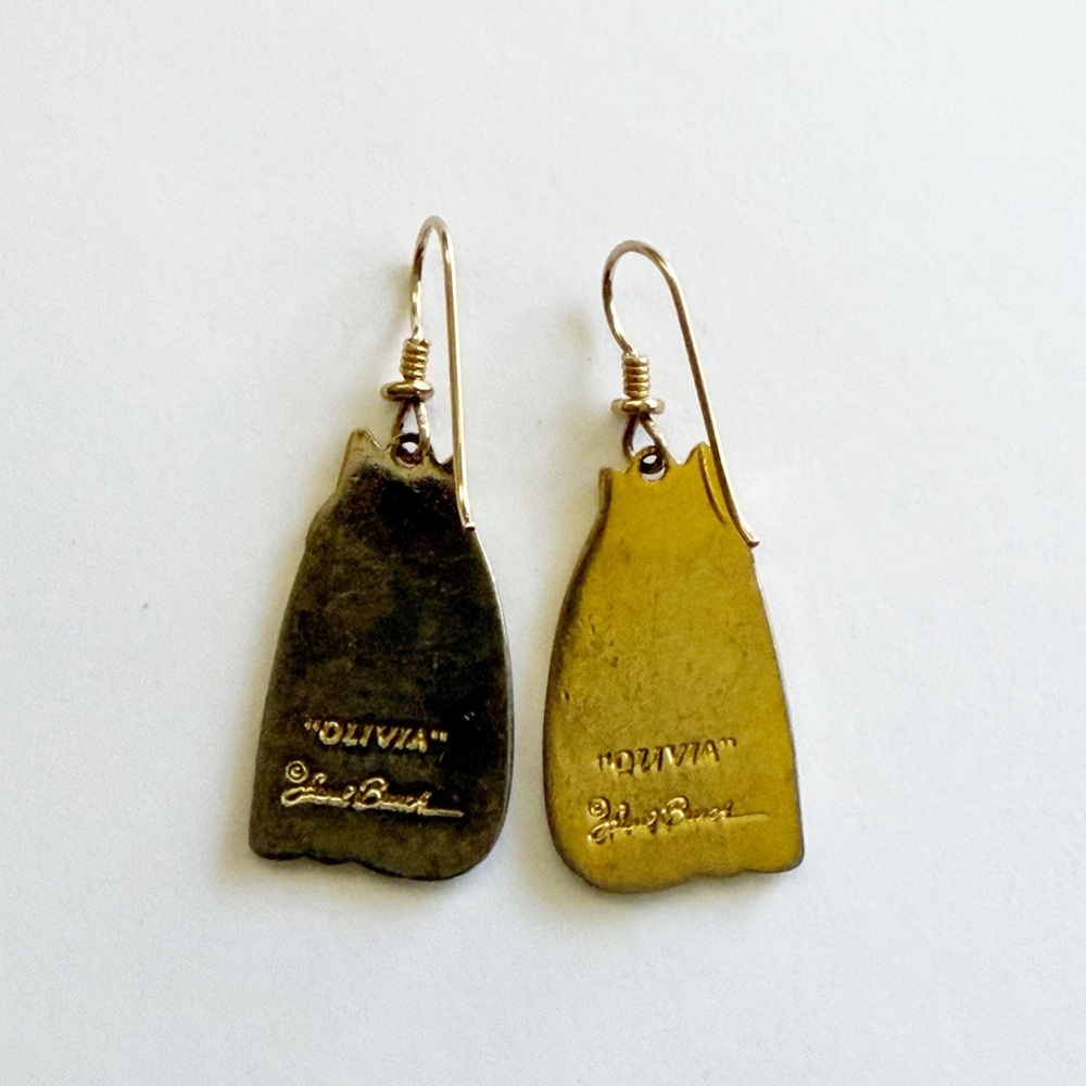 Laurel Burch Olivia Cat Vintage 1980's Black Gold Tone Dangle Earrings - Picture 2 of 5